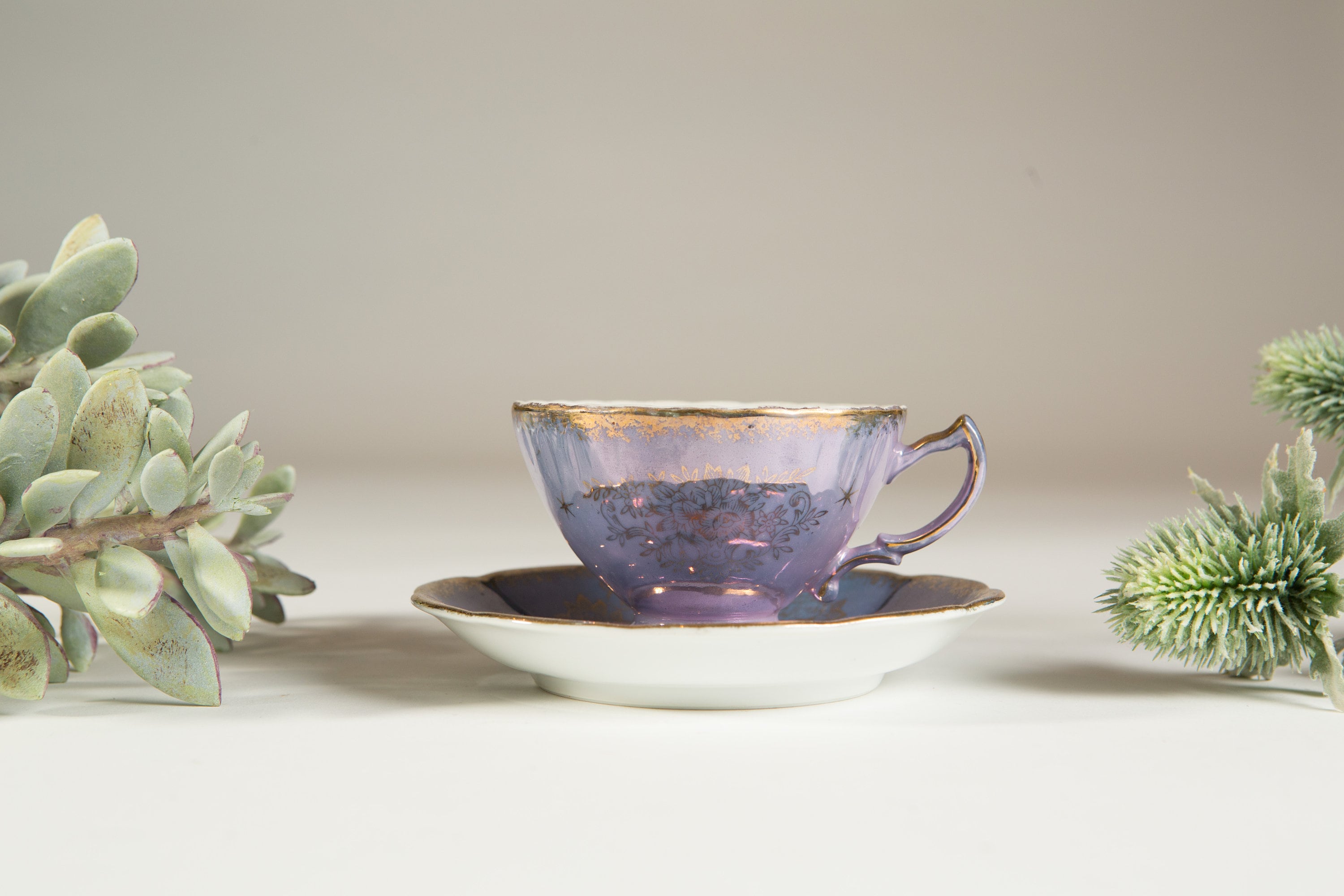 Vintage Bone China Teacup Castle China Iridescent Purple Tea cup and