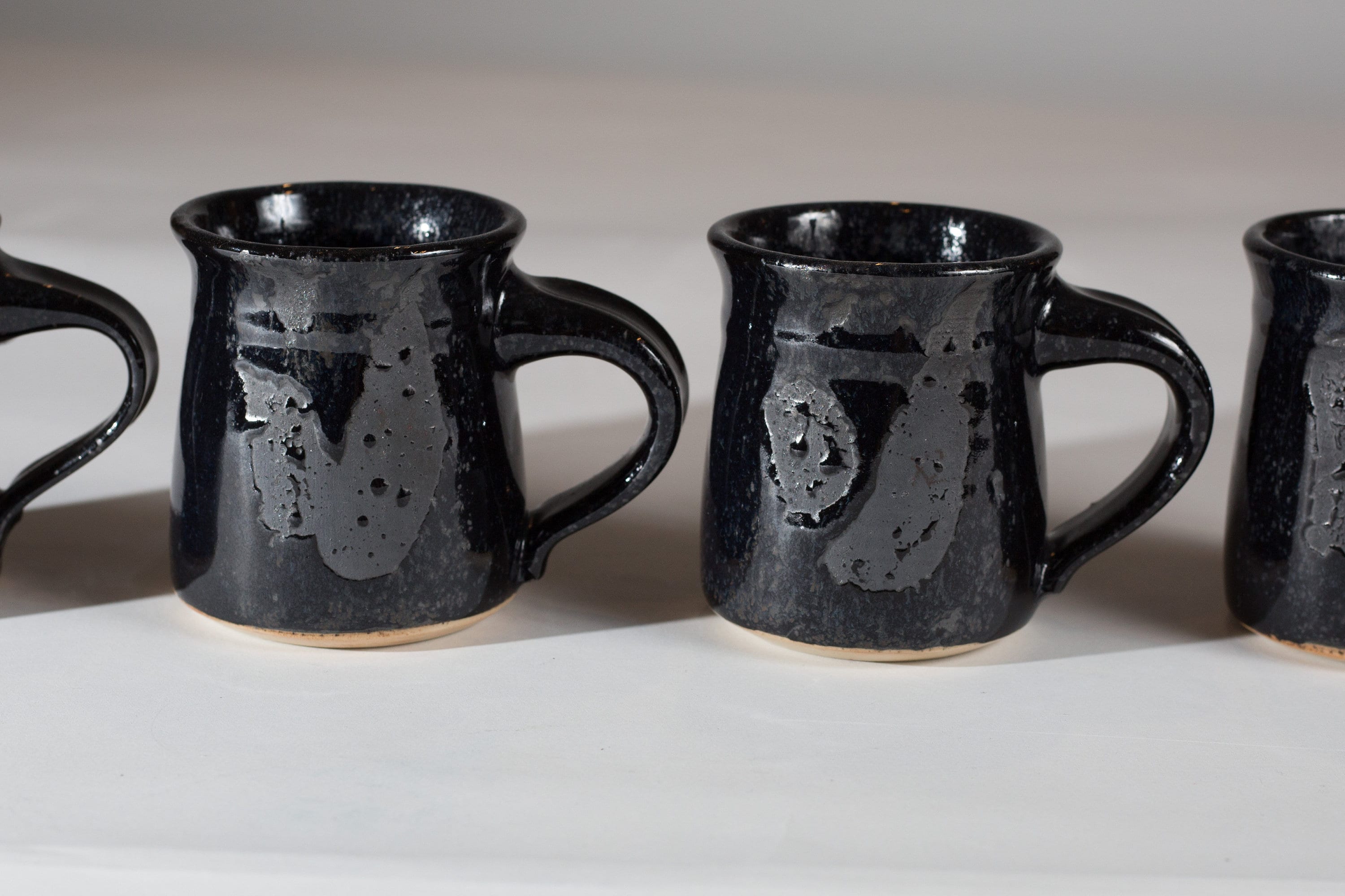 Vintage Ceramic Coffee Mugs Set of 4 Black Glazed Wet Look Style Tea