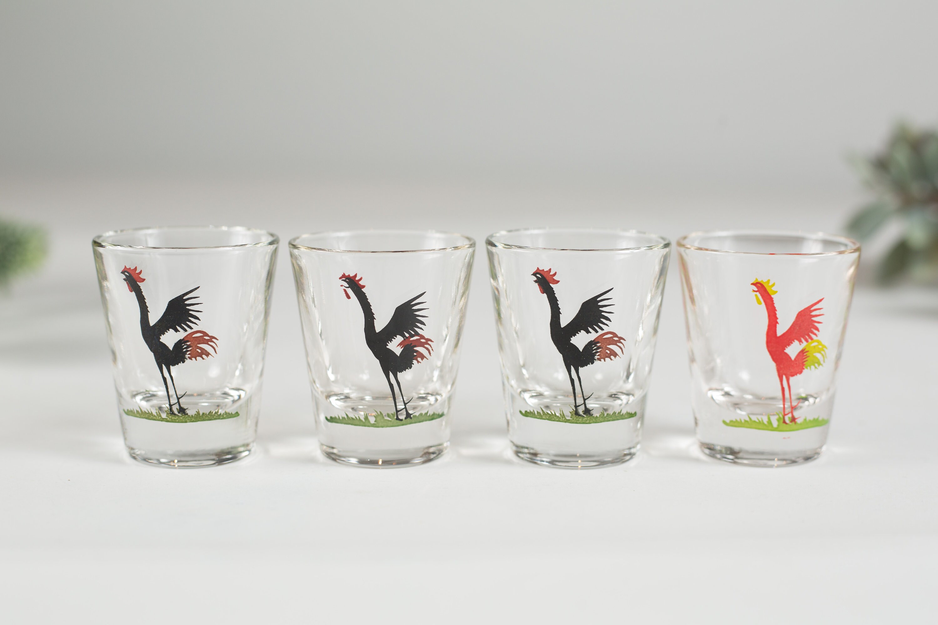 Vintage Rooster Shot Glasses Set of 4 Game Bird Glass Black and Red