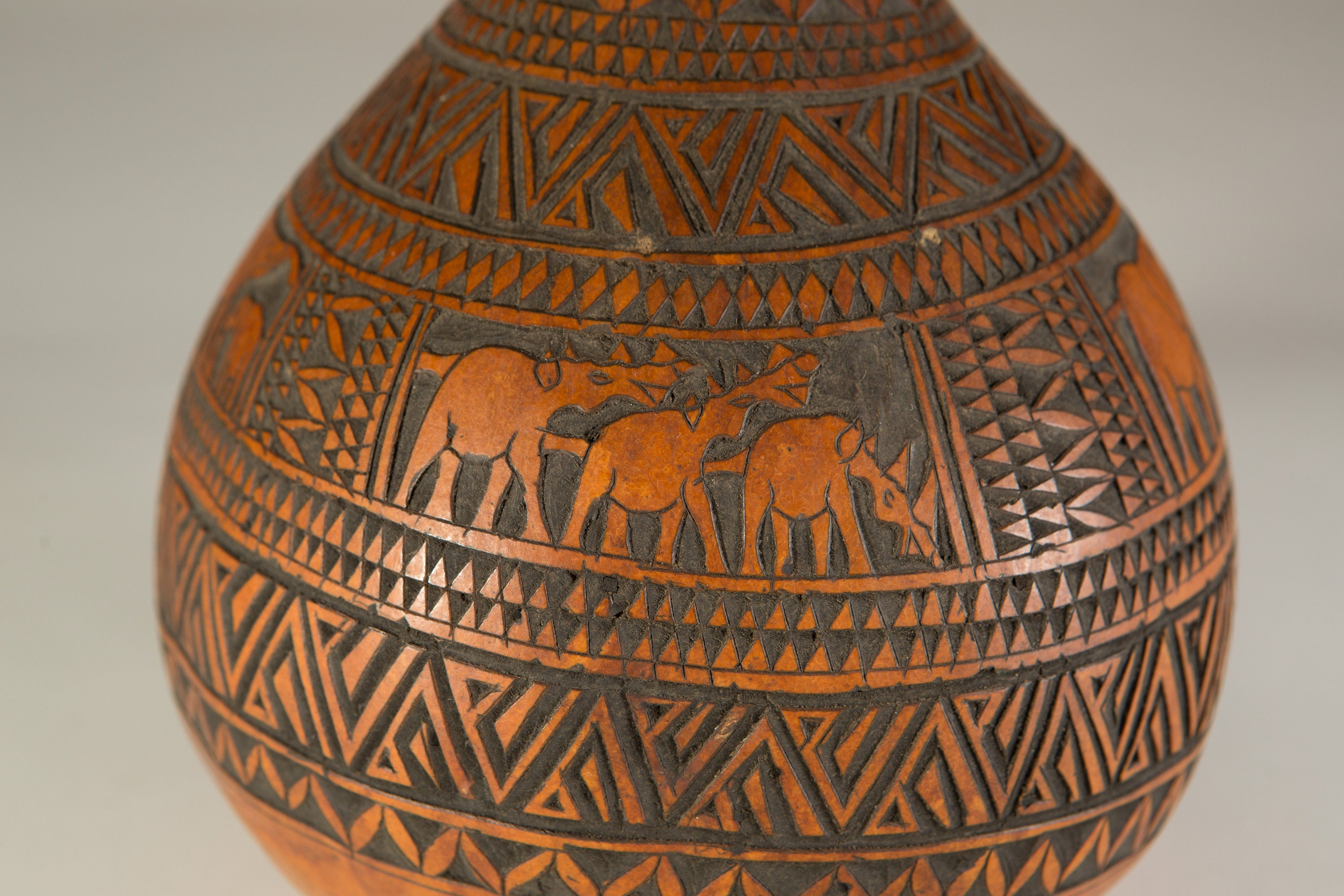 Africa Gourd Calabash Kenyan Carved Jug Vase Vintage Orange and