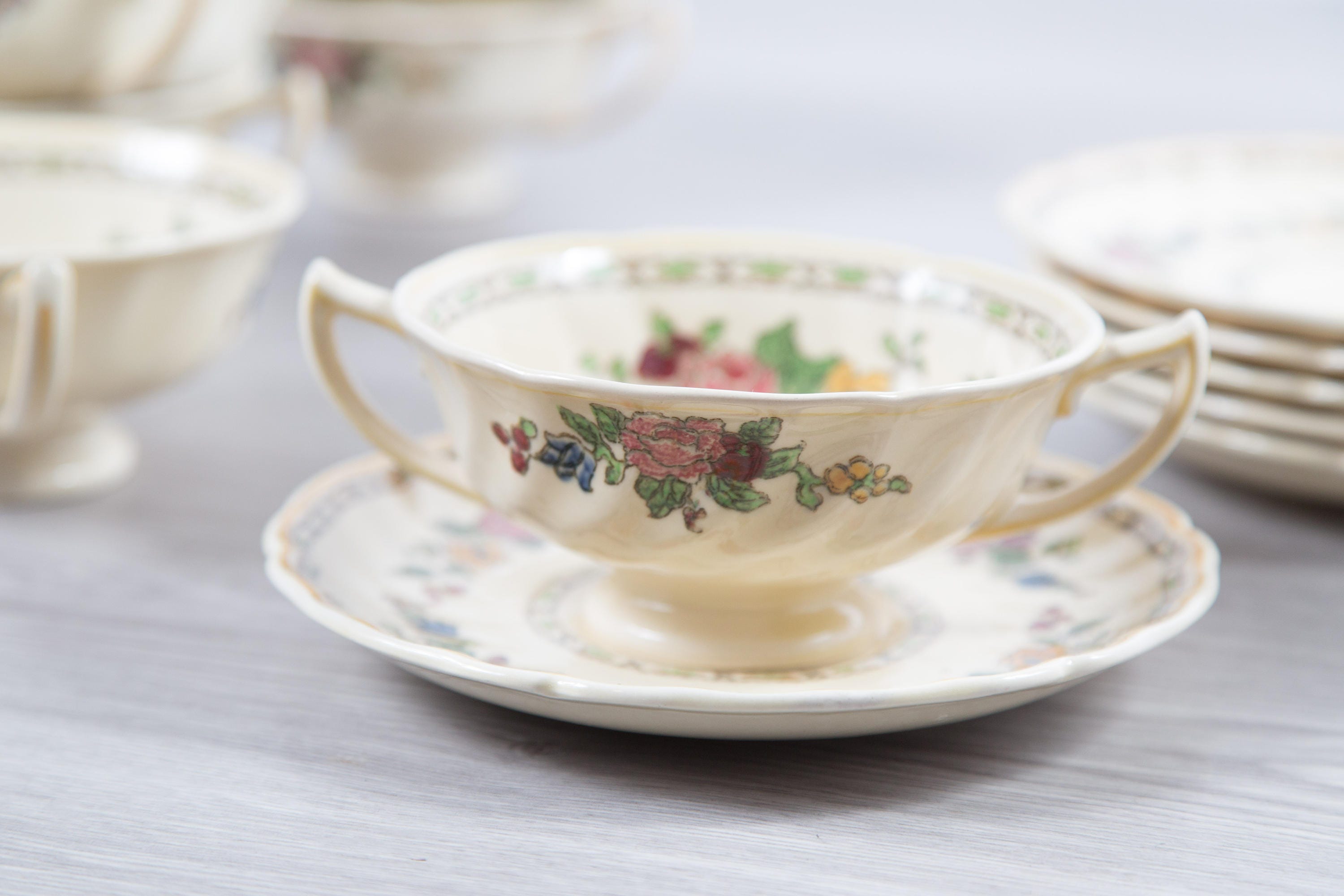 Vintage Floral Soup Bowls 6 Set of 1940's Royal Doulton The Cavendish