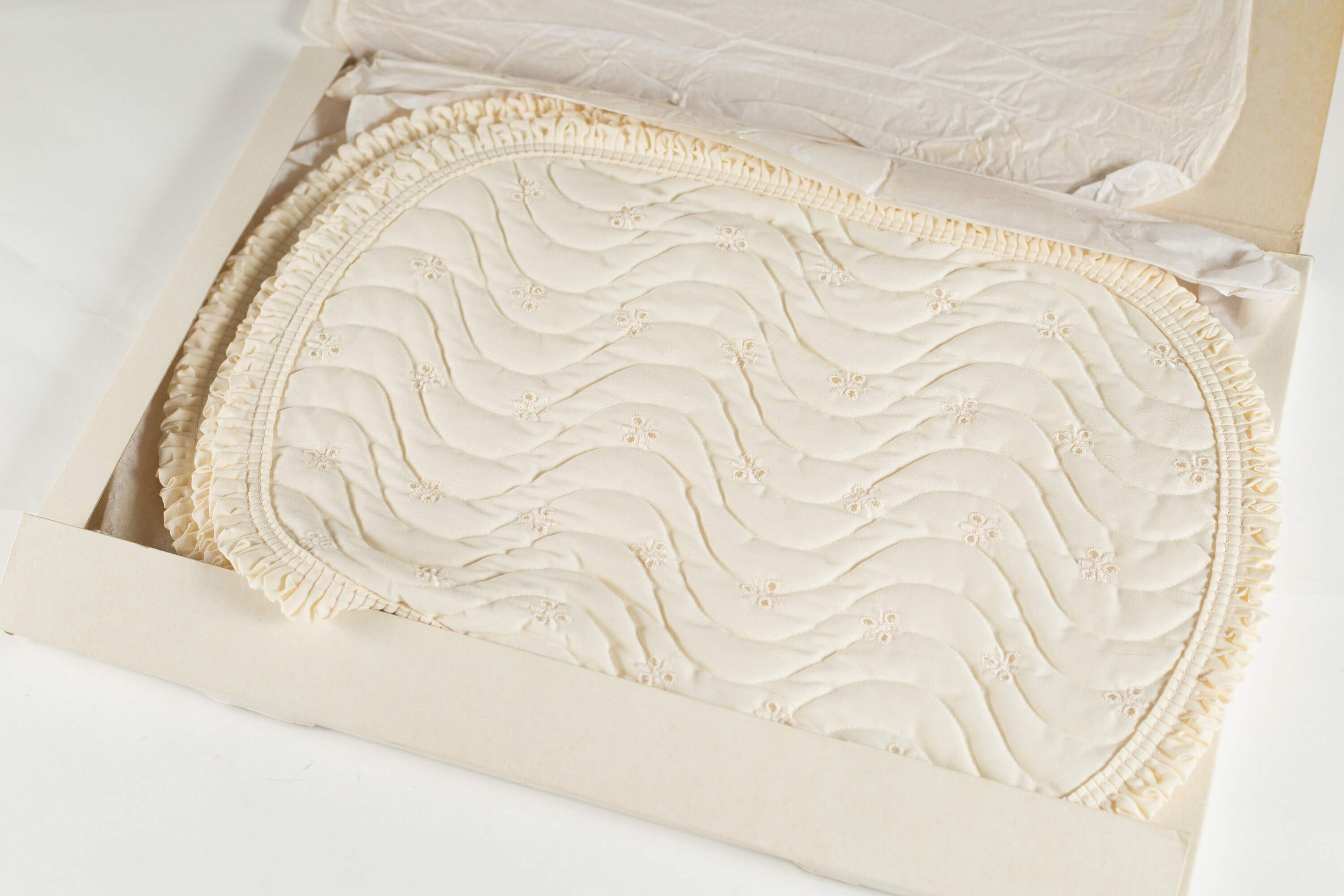 Vintage Ivory Placemats Sewn Set of 4 White Cut Fabric and Threaded