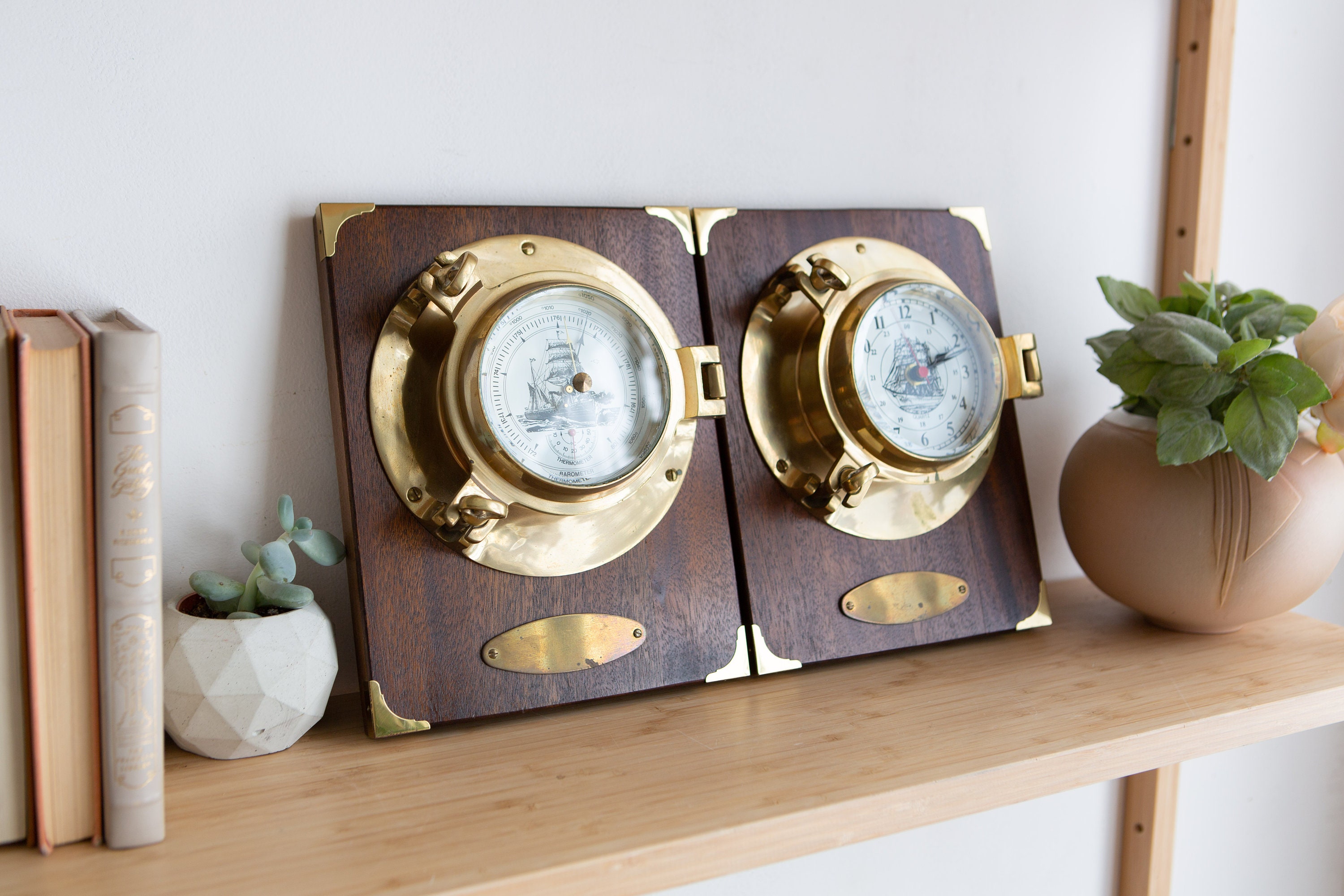Vintage Brass Porthole Barometer / Thermometer and Wall Clock Mounted