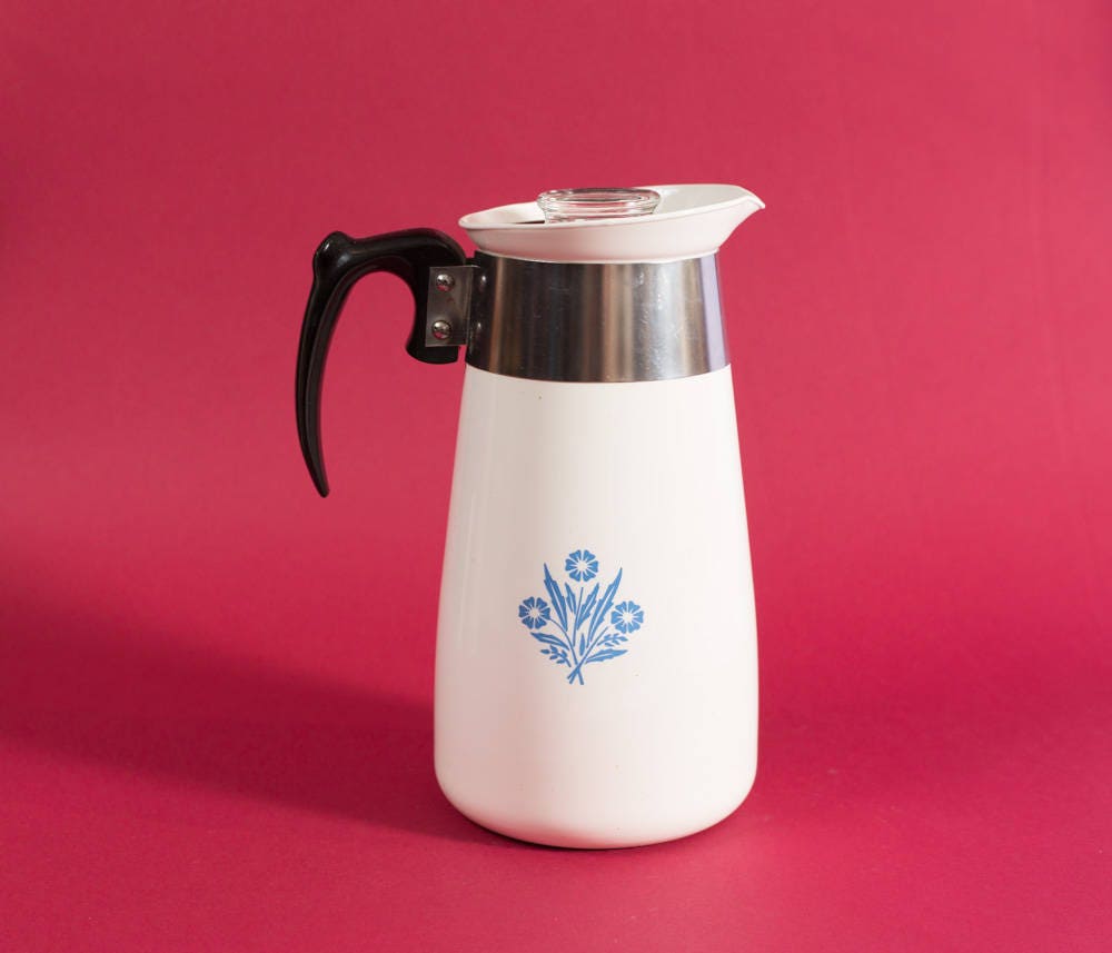 1959 Vintage Corning Ware P-108 8 Cup Coffee Percolator / NOT RECALLED /  8-cup Filter Coffee Maker Pour Over Thermal Thermos / White Blue