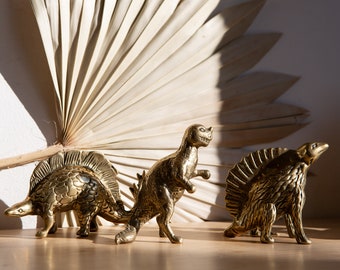 Vintage Brass Dinosaurs -  70's Stegosaurus, T-rex, and a Dimetrodon Paper Weight - Kids Room Home Office - Modern Boho Jurassic Park Decor