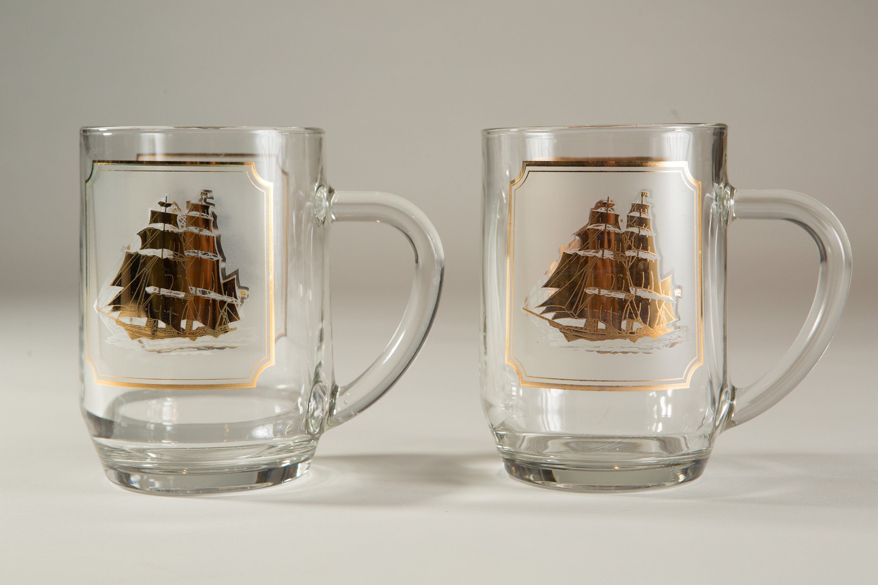 Nautical Ship Mugs Gold Decal Vintage Sailboat Beer / Cocktail Glass