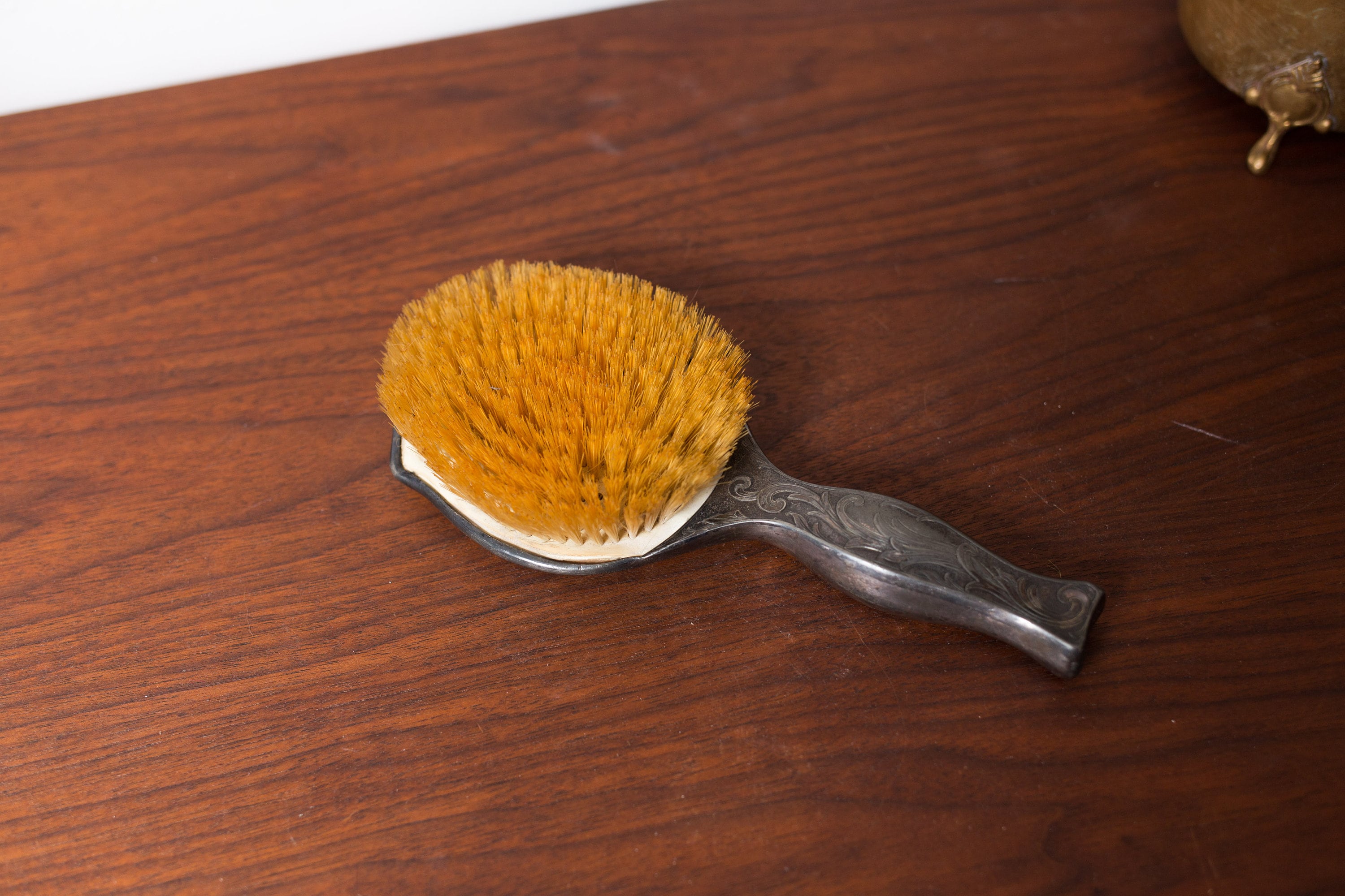 Vintage Hair Brush Silver Plated Ornate Floral Damask Leafy Metal Victorian Style Bedroom Hair