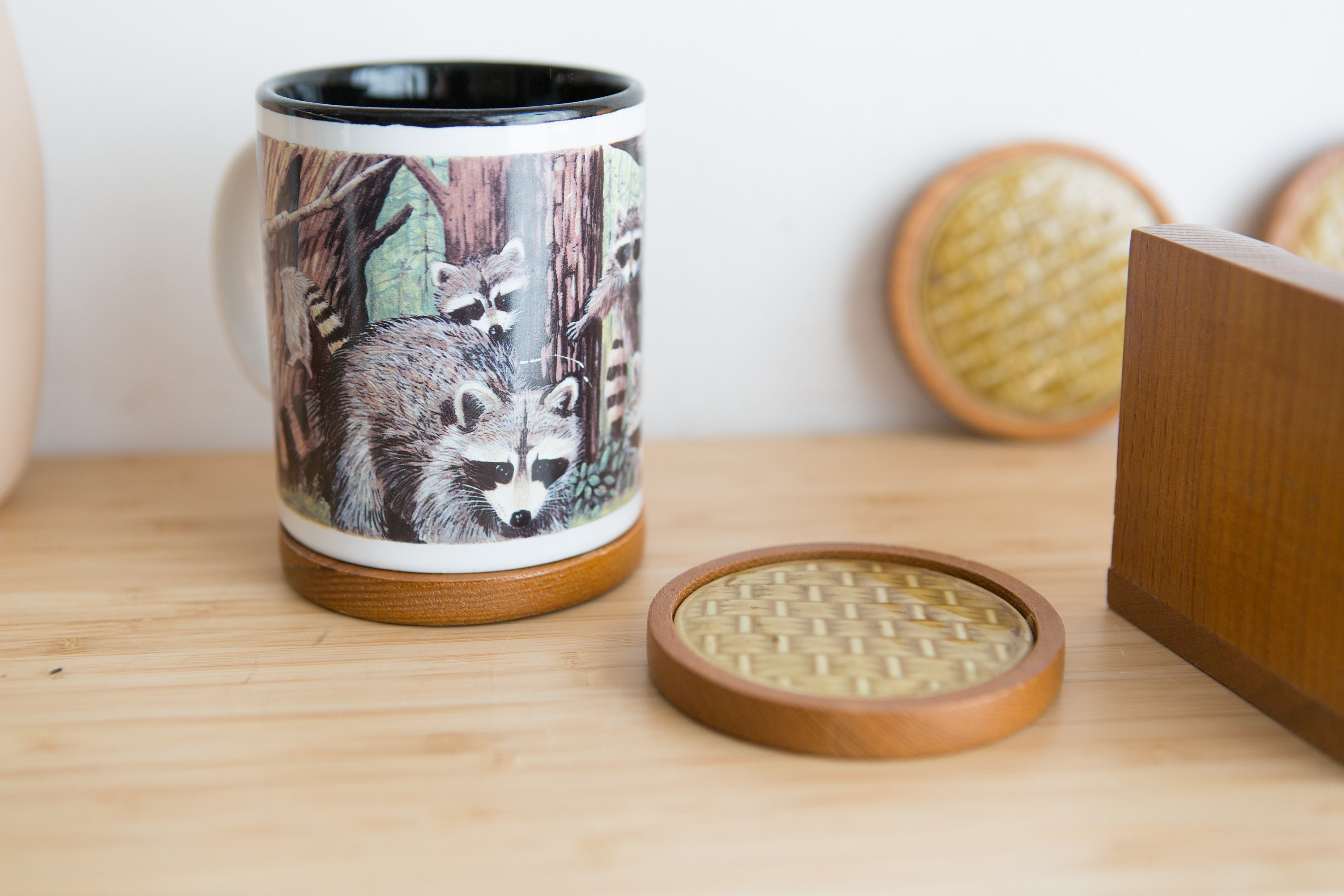 Vintage Ceramic and Wood Coasters Mid Century Modern Cocktail Coaster