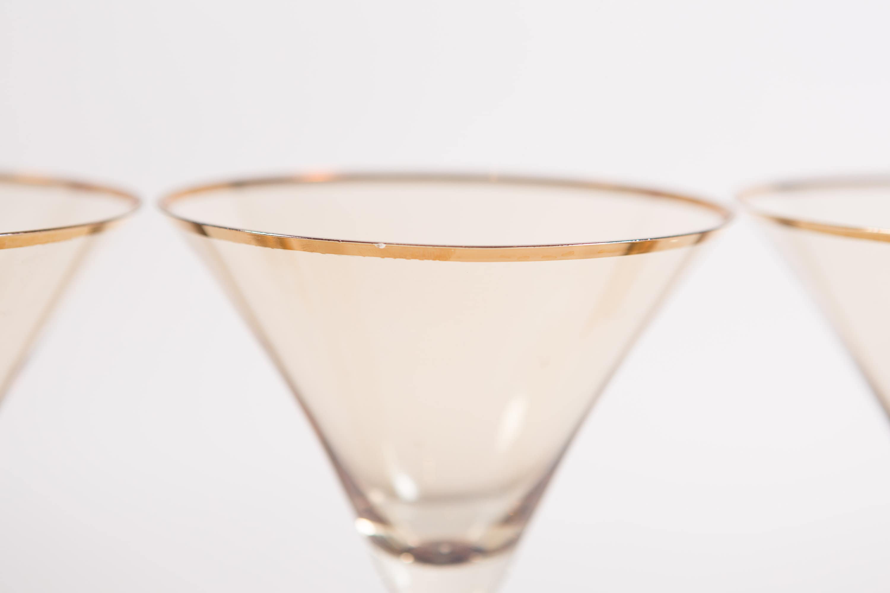 4 Vintage Large Martini Glasses with solid Bubbled Stem and Gold Detail