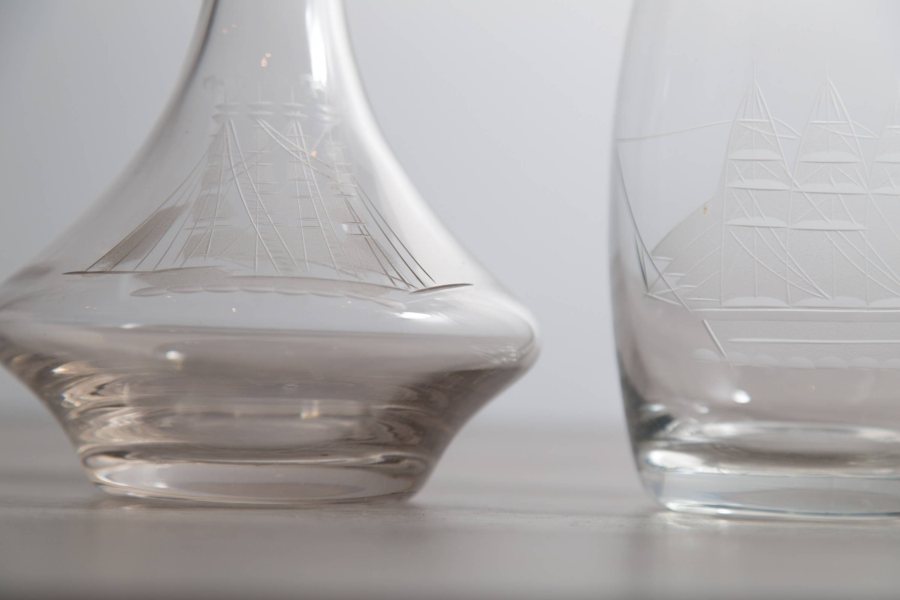 Crystal Glass Decanters / Nautical Ship Vintage Etched Glass Decanters