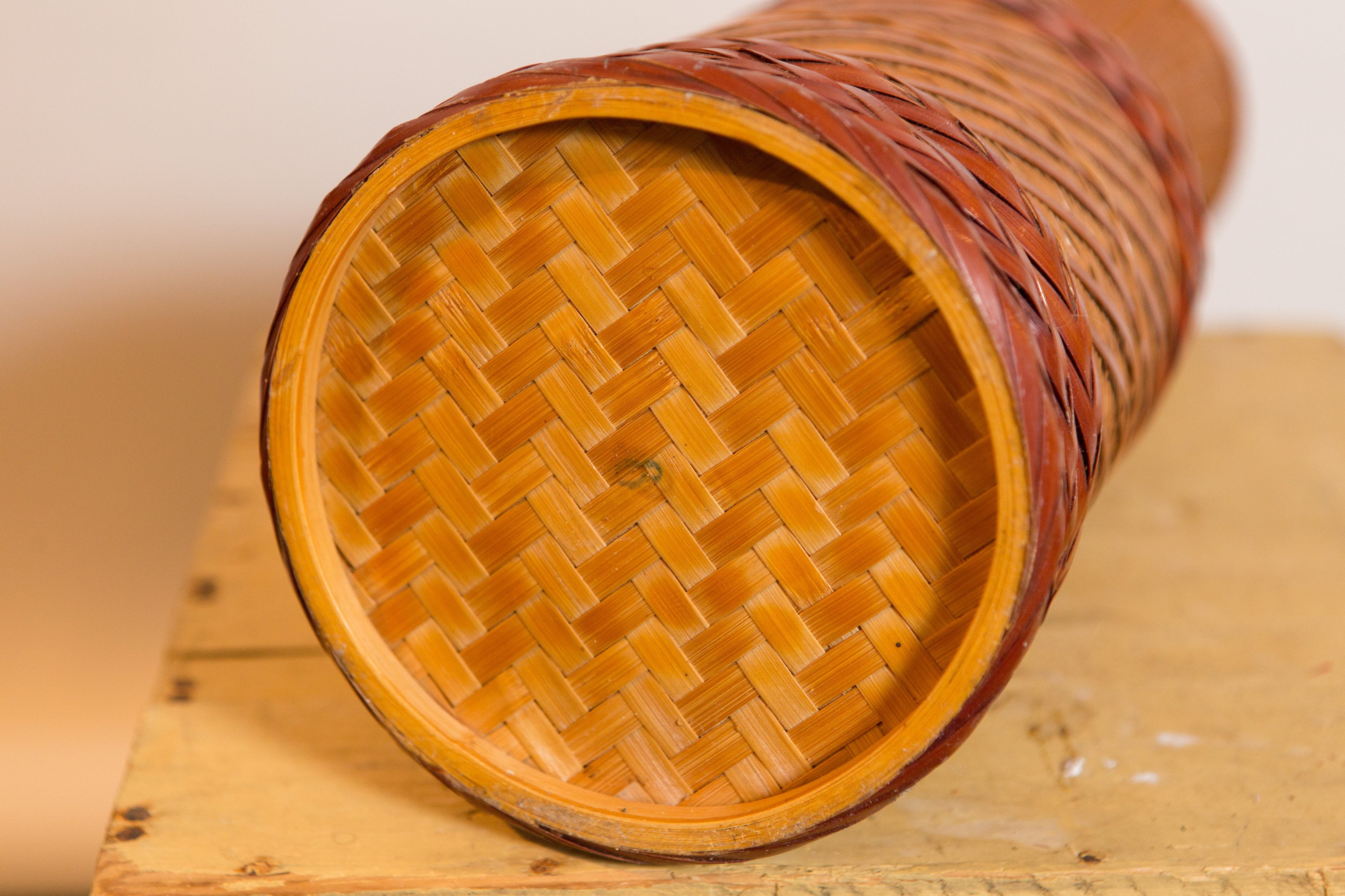 Woven Wicker Vase Large Vintage Rattan Geometric Lidded Flower Basket Hand Woven Rustic Boho