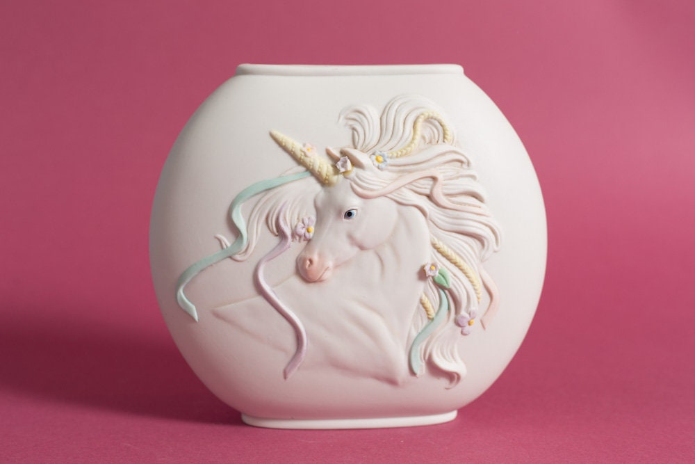 Unicorn Vase Vintage 1980's Ceramic Rainbow Colored Flower Vase