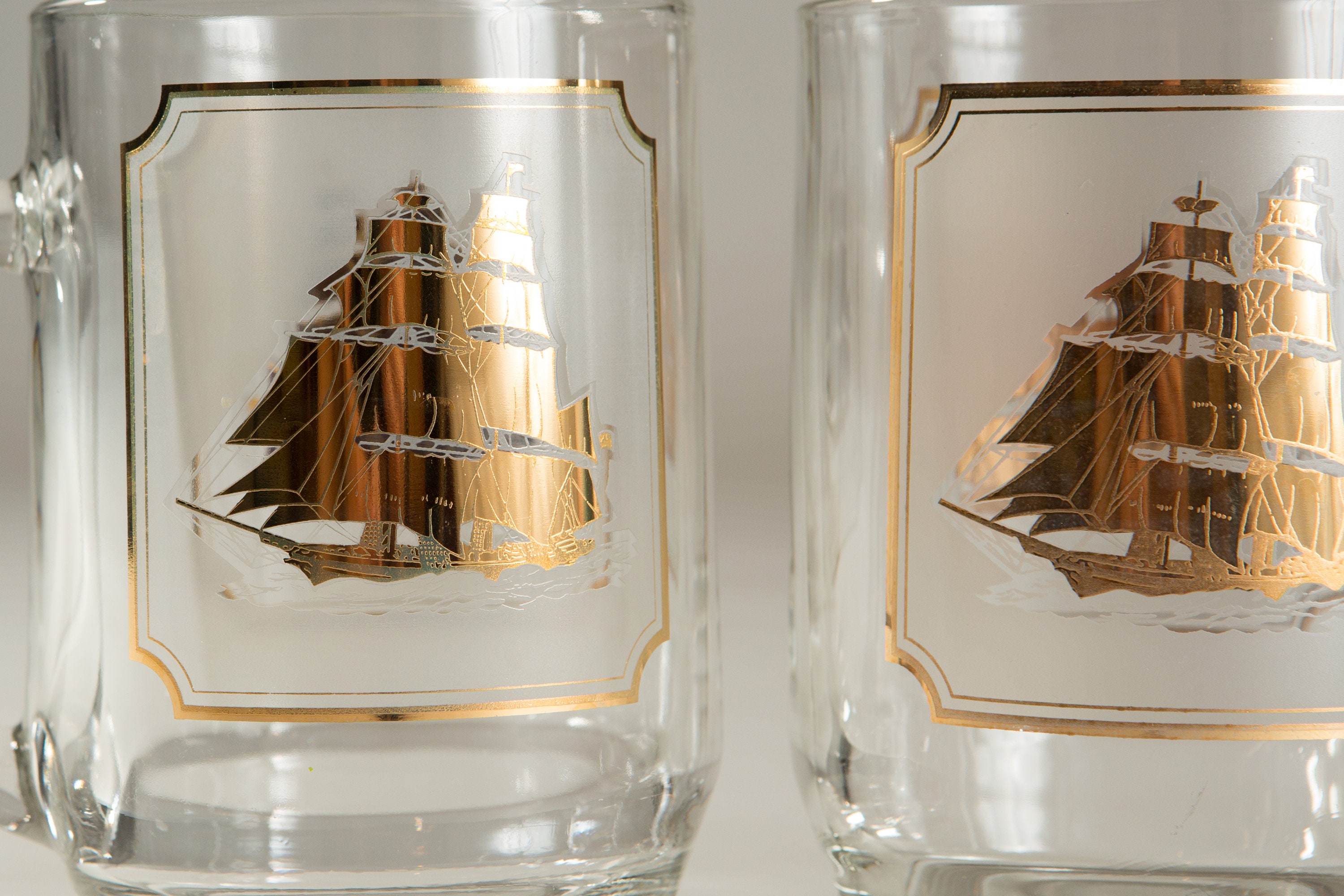 Nautical Ship Mugs Gold Decal Vintage Sailboat Beer / Cocktail Glass