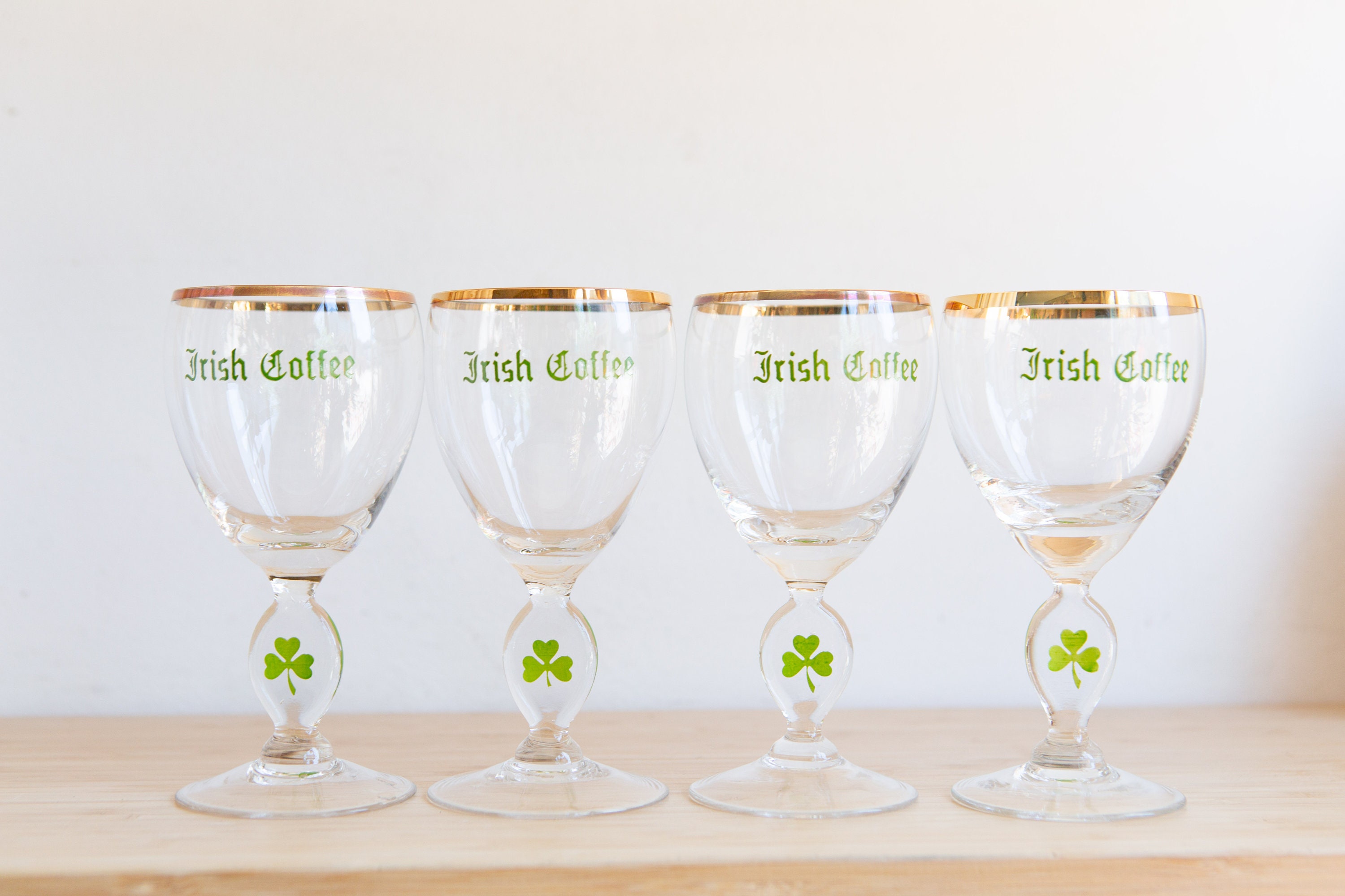 4 Irish Coffee Glasses Vintage Gold Rim Lucky Charm Specialty Coffee Stemware Father's Day