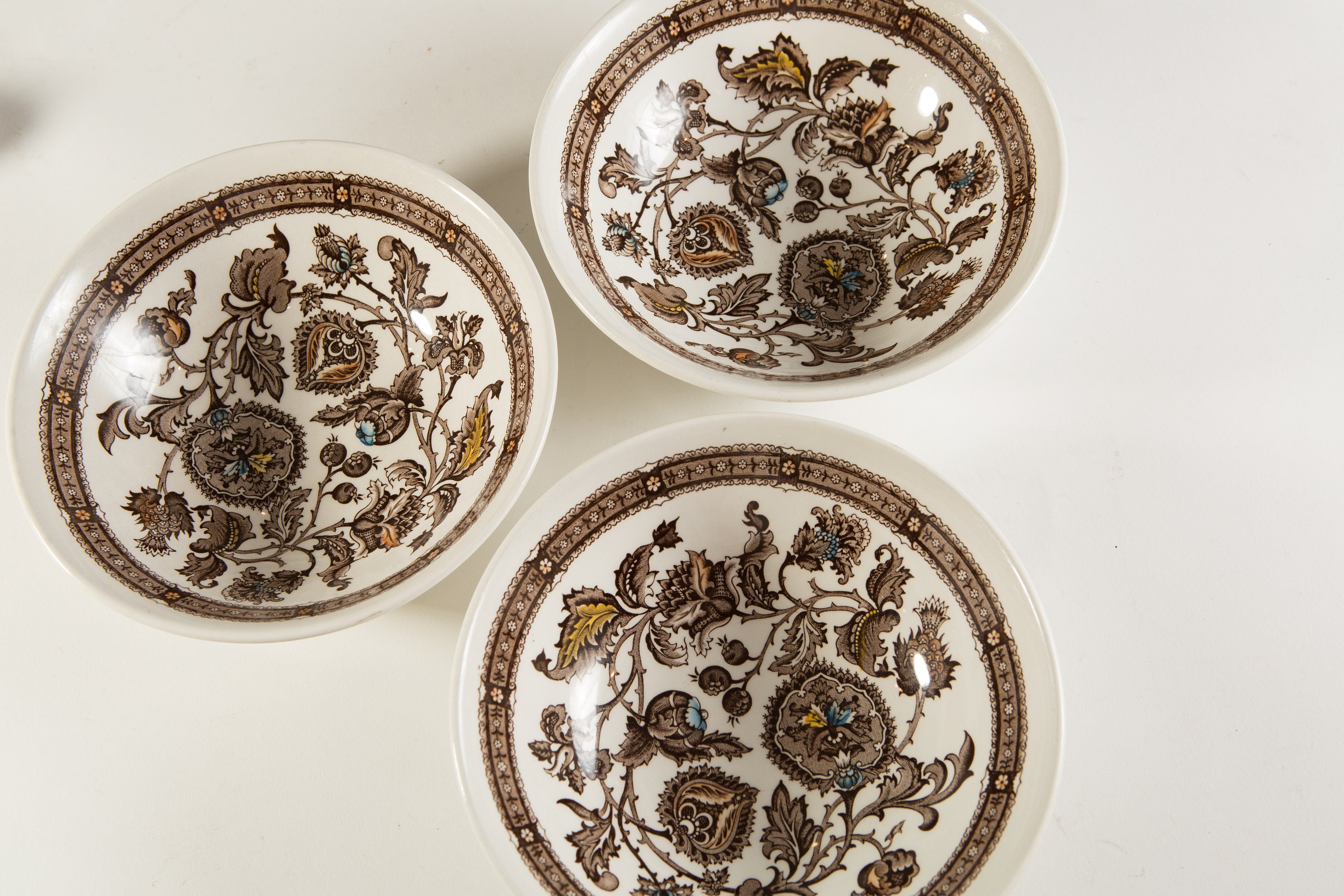 3 Ridgway Ironstone Bowls Brown Floral Ornate Glaze Jacobean Pattern Made in Staffordshire