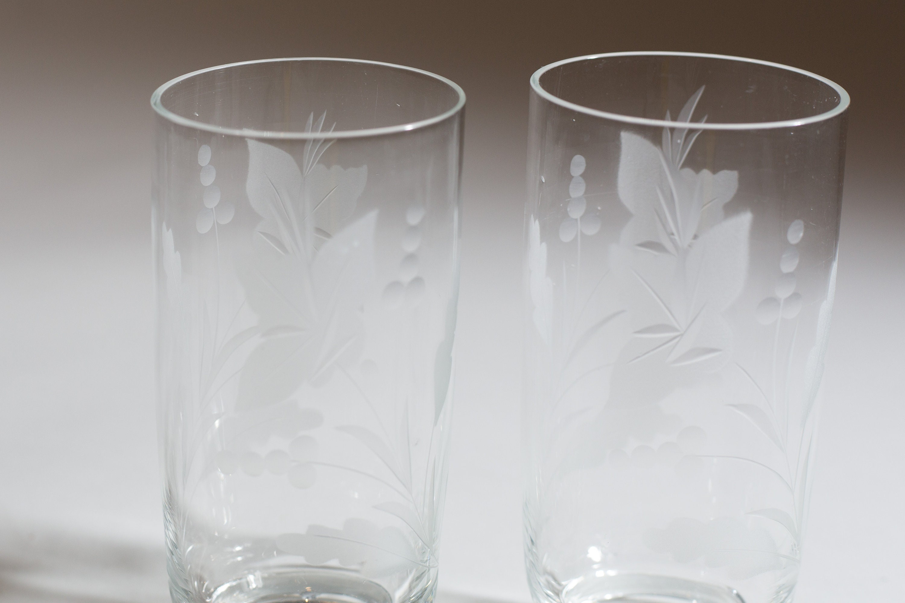 2 Vintage Bar Glasses with Etched Floral Pattern Mid Century Modern