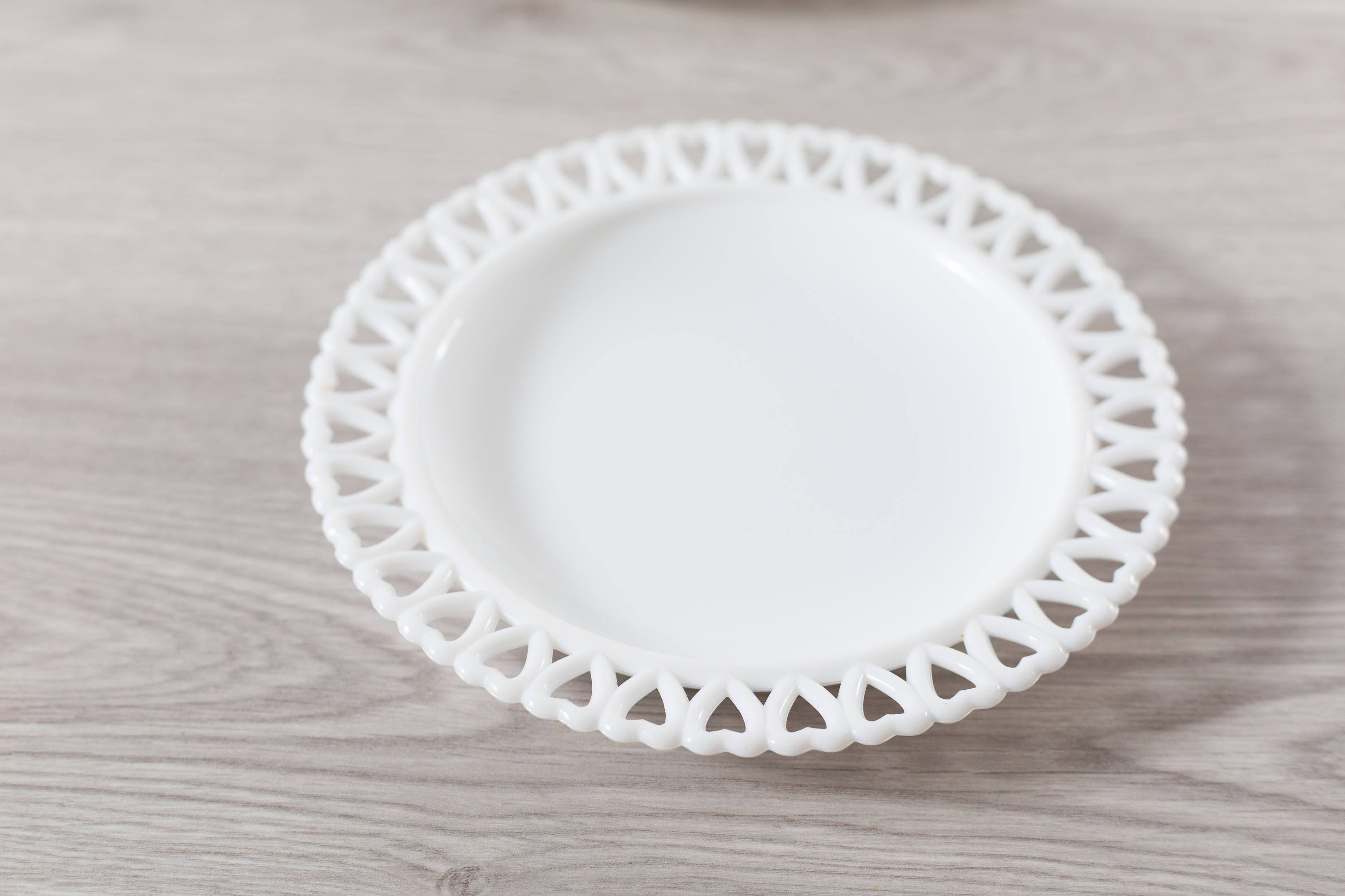 Milk Glass Plates / Open Heart Lace Edge White Serving Plates / Cake or