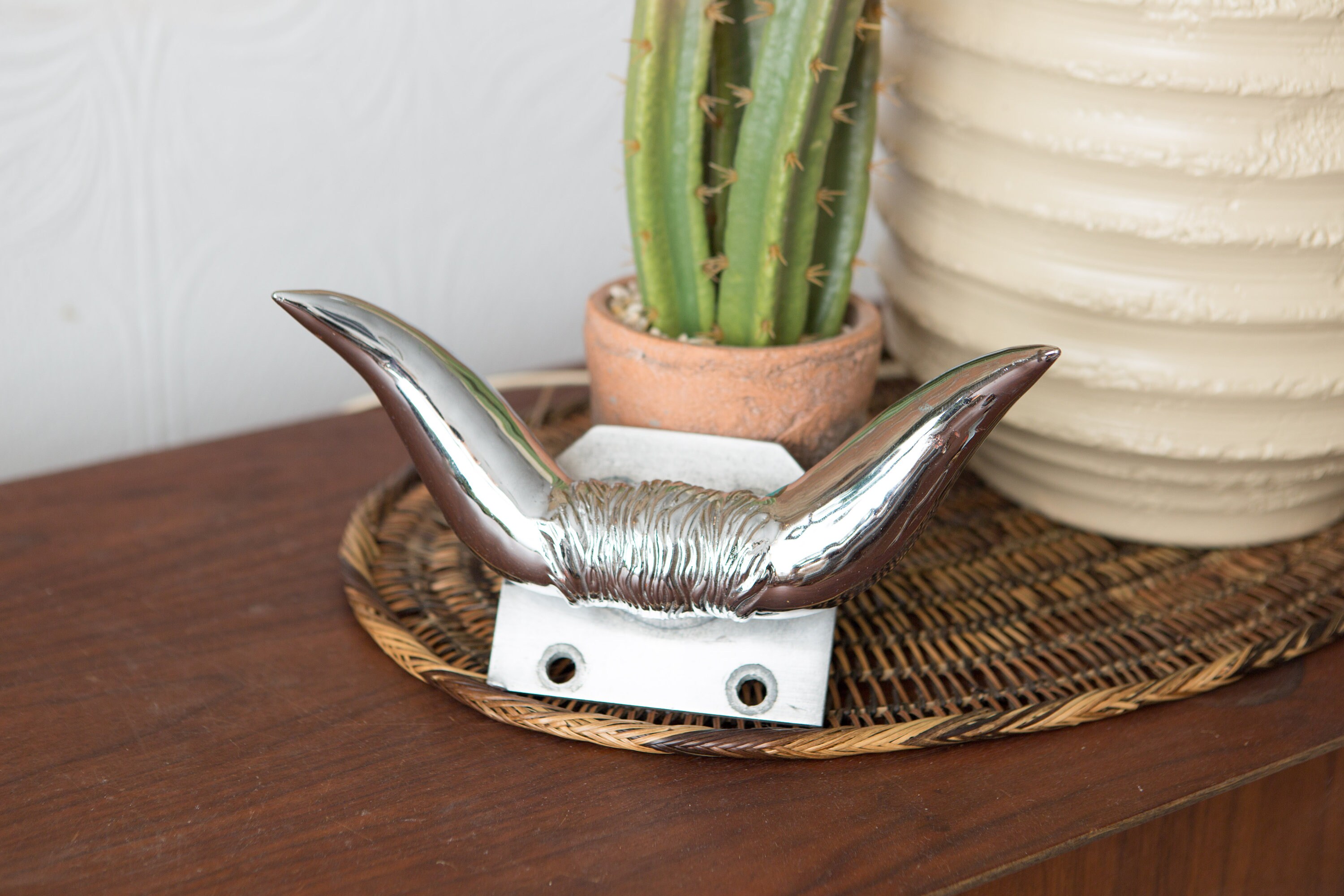 Vintage Bull Horn Hood Ornament Silver Chrome Stag Horn Car Parts