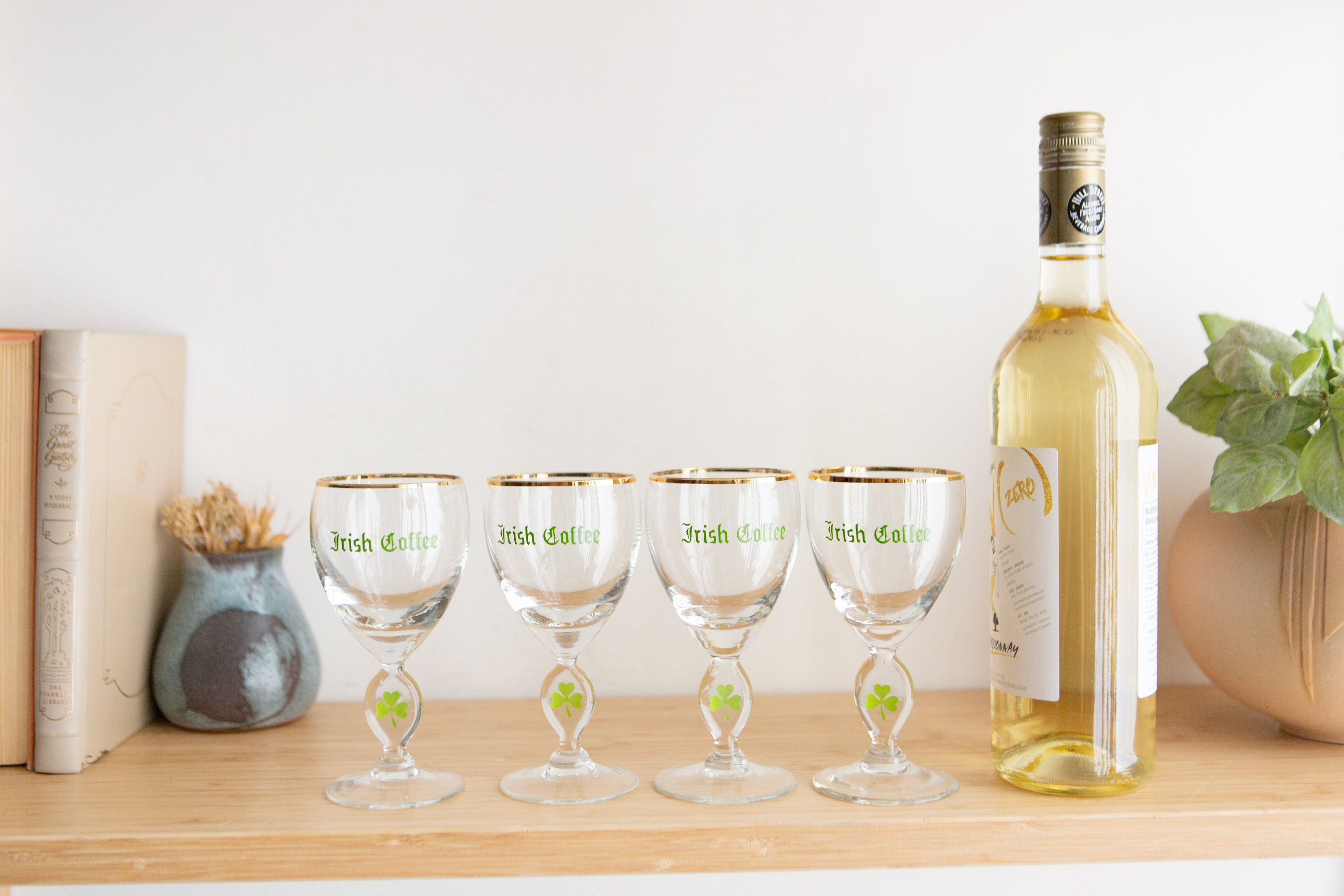 6 Irish Coffee Glasses Vintage Gold Rim Lucky Charm Specialty Coffee Stemware Father's Day