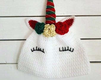 Crochet unicorn Christmas Hat - Christmas Kids Newborn Baby Toddler Adult