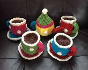 Crochet Tea Set - Crazy Colors - 9 Piece Children's Play Tea Set  in Bright Colors - Baby Gift - Kids Gift - Girls Gift