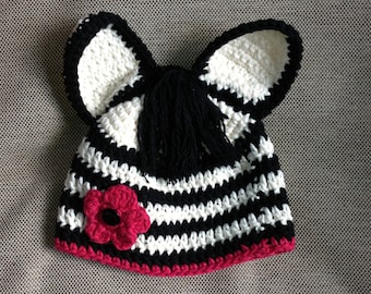 Crochet Zebra Hat - Zebra Hat with Pink Flower - Kids Halloween Hat - Toddler Halloween Costume - Baby Halloween Hat