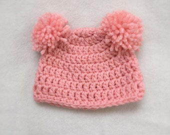 Pink Hat with Pom Poms - Pink Crochet Hat, Baby Crochet Hat