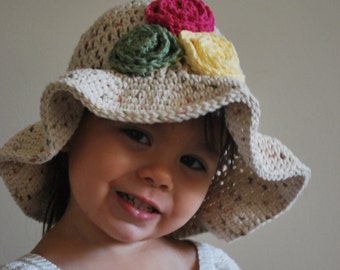 Floppy Summer Hat - with 3 flowers Soft Brimmed Wavy Sun Hat - Babies, Toddlers, Kids - You Choose the Size