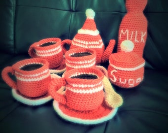 Crochet Tea Set - 13 Piece Children's Play Tea Set - You Choose the Color, Toddler Tea Party - Kids Gifts - Girls Gifts - Boy Gifts