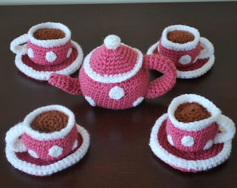 Crochet Tea Set - 9 Piece Children's Play Tea Set - You Choose the Color, Toddler Tea Party - Kids Gifts - Girls Gifts - Boy Gifts