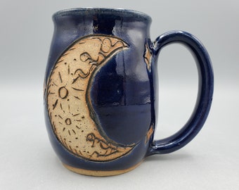 Crescent Moon Mug 16 oz - Moon and Stars Kitchen Witch Mug - Unique Coffee Mug Handmade - Mesiree Ceramics