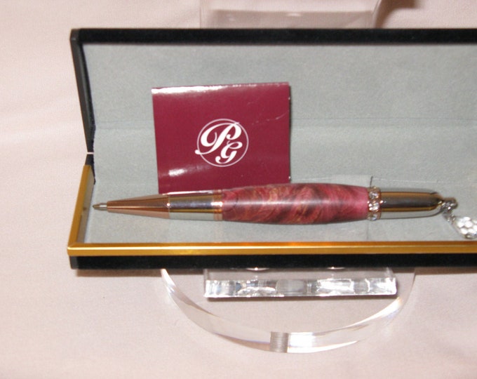 Auroa Borealis Diva Crystal Twist Style Pen in a Rhodium and Gold T/N(Red/Purple Stabalized Maple Burl Blank)(includes a felt lined pen box)