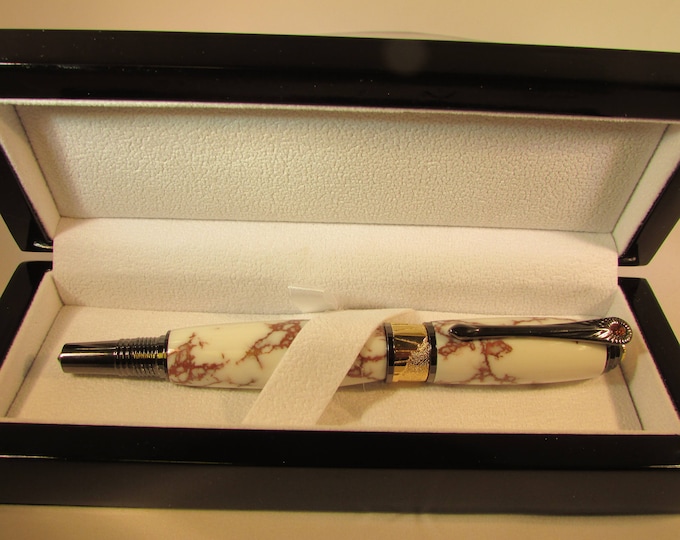 Handcrafted Art Deco Roller Ball Pen in a Black TN and 22Kt Gold( TRU-Stone White with copper matrix non-patina)includes lacquer pen box