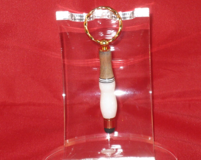 Handmade Stylus  Key Chain(  laminated white corian ,wendge , white and black pick material with 24Kt Gold finish)