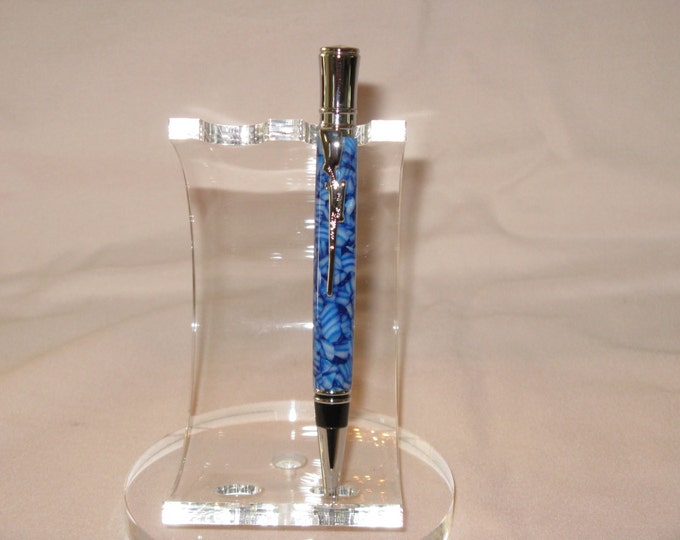 Executive Twist Pen with Chrome plated Hunters Rifle Clip in a Crushed blue and white acrylic( Chrome plated finish)