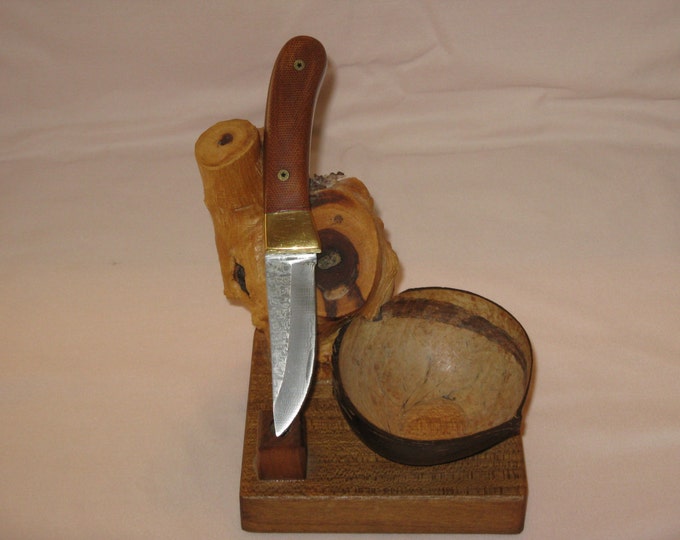 Hunter Knife Blade (Laminated Steel)   with brass  bolsters, mosiac pins(Natural Canvas Micarta and a Leather Sheath)