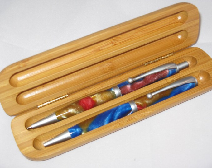 TWIST Pen set--Red ,Blue and Gold AQUAPEARL acrylic (Includes a Bamboo Pen Case)