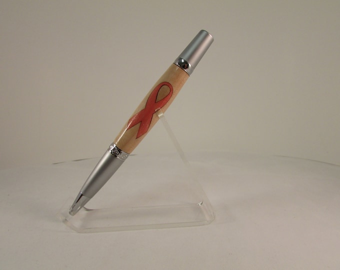 Breast  Cancer Awareness Inlay  with  Maple, Pink dyed Box Elder Ribbon -- Satin /Chrome Elegant Sierra Twist Pen: with a window pen box