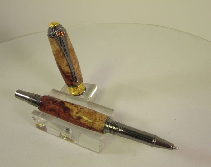 AMBOYNA BURL Art DECO Rollerball Pen  with Black T/N and 22kt Gold-Plating(includes Black Leatherette Window Pen Box)