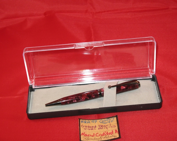 Handcrafted Comfort slimline twist pen (Crushed Pearl Violet Acrylics with a gun metal finish)  with Plastic Pen Box