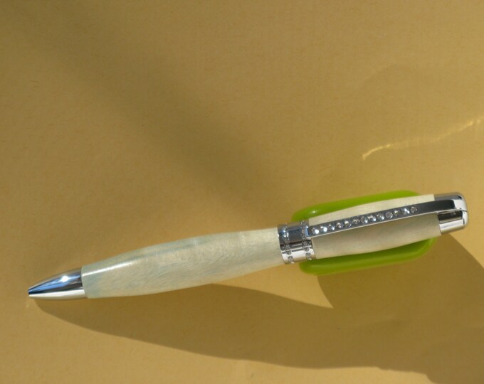 Handmade  Princess Twist Pen--Chrome with clear Swarovski crystals( stabalized Curly Maple with a light blue tint)