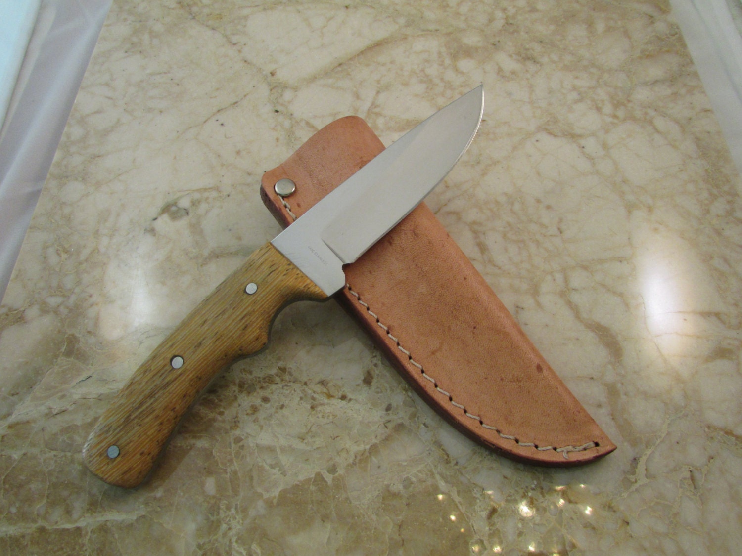 Drop Point Knife Blade (Lati wood handle with aluminum pins on handle