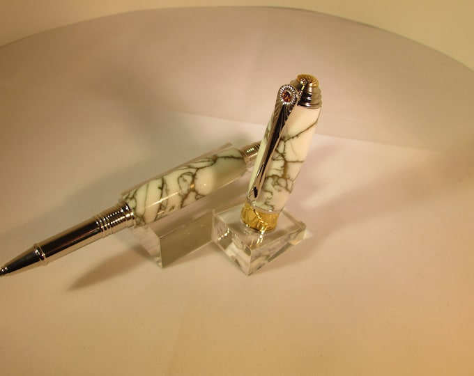 Handcrafted Art Deco Roller Ball Pen in a Rhodium and 22Kt Gold Plate ( TRU-Stone White with Gold matrix )includes Black Velour pen box