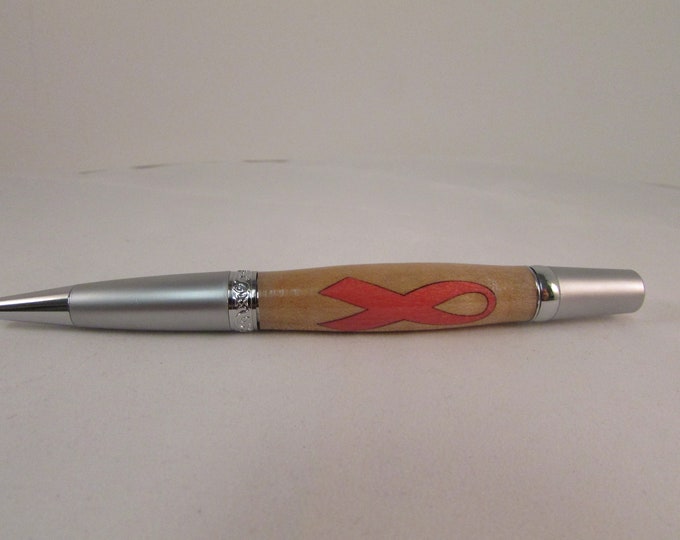 Breast  Cancer Awareness Inlay  with  Maple, Pink dyed Box Elder Ribbon -- Satin /Chrome Elegant Sierra Twist Pen: with a window pen box