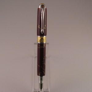 Handcrafted Art Deco Roller Ball Pen W/ Rhodium and 22kt Gold-Plate TRU Stone Maroon gold Matrix Body includes Lacquered Window Pen Box image 3