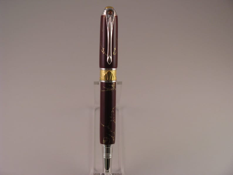 Handcrafted Art Deco Roller Ball Pen W/ Rhodium and 22kt Gold-Plate TRU Stone Maroon gold Matrix Body includes Lacquered Window Pen Box image 3