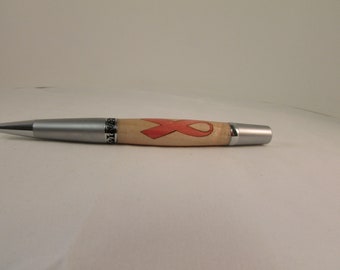 Breast  Cancer Awareness Inlay  with  Maple, Pink dyed Box Elder Ribbon -- Satin Chrome/Chrome Elegant Sierra Twist Pen: with a Felt pen box