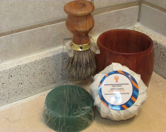 Handmade Shaving Brush and Lather Bowl Combo set in (RED ELM)( Gold Plated Decor brush cup)(including a free sample Shaving Soap Puck)