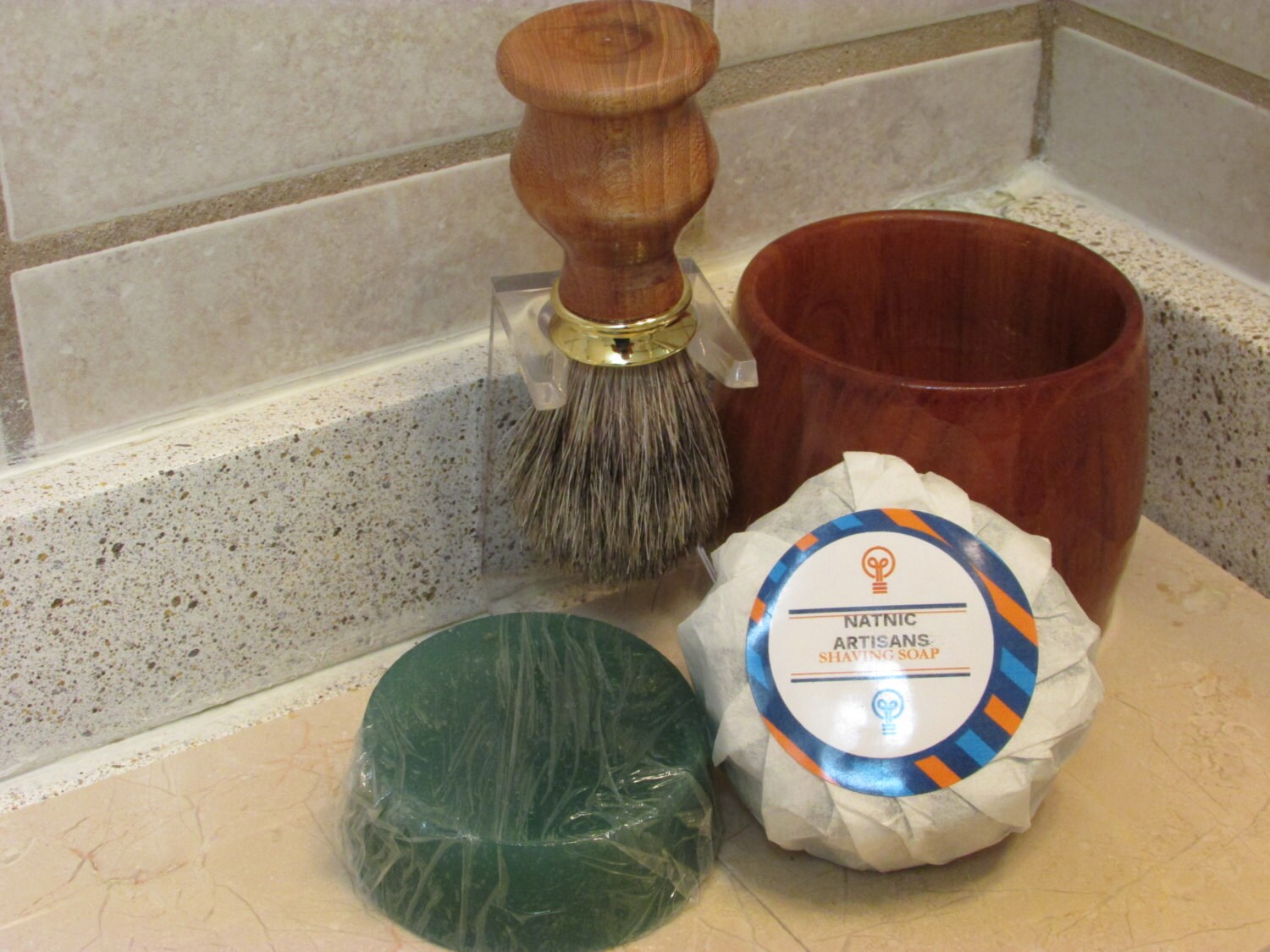 Handmade Shaving Brush and Lather Bowl Combo set in (RED ELM)( Gold