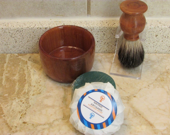 Handmade Shaving Brush and Lather Bowl Combo  set  in (RED ELM)(including a free sample Shaving Soap Puck)